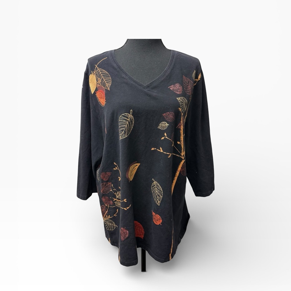 Liz & Me Leaf Print Tunic Top 1X Black Brown Fall Nature V Neck Stretch Tee